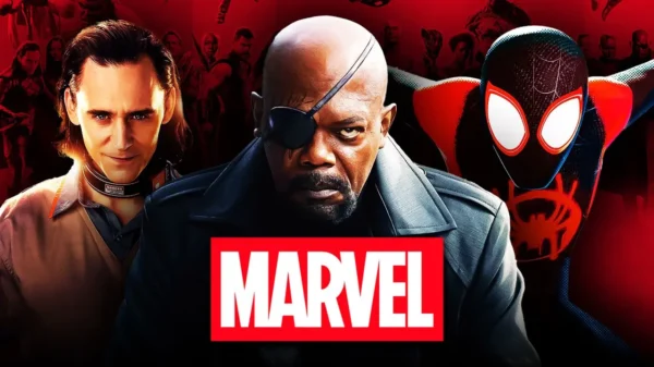 Marvel Universe collage with Loki, Nick Fury, and Spider-Man